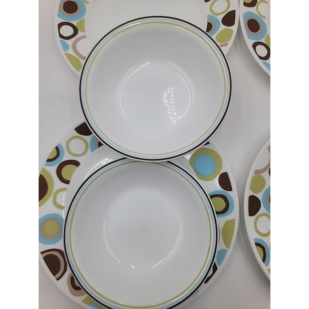 8pc Corelle Vitrelle ROLA 10-3/4" Dinner Plates Bowls Green Brown Blue Circles - Picture 4 of 11